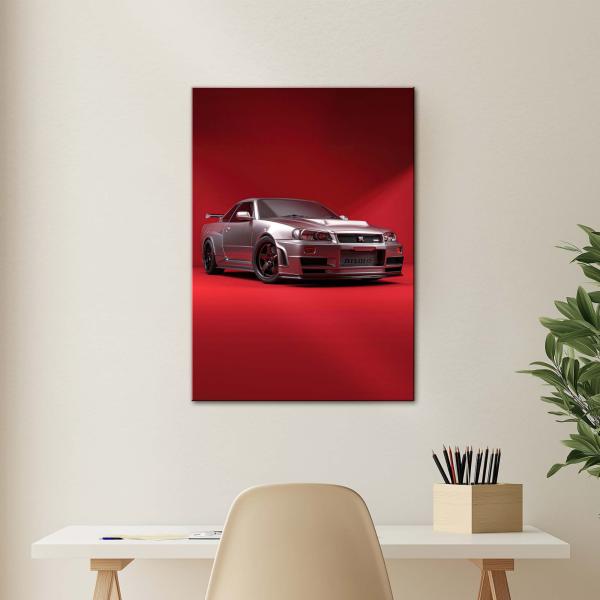 Nissan Skyline GT-R R34: The Crimson Godzilla of Precision | Performance Metal Poster